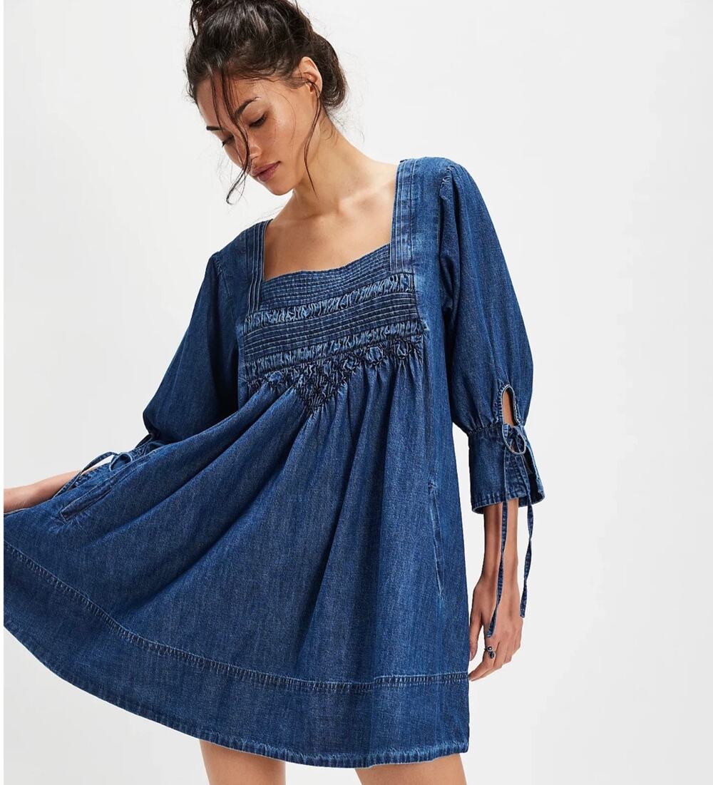 NWT Free People Sonora Denim Babydoll Mini Dress Square Neck L Midnight Rinse